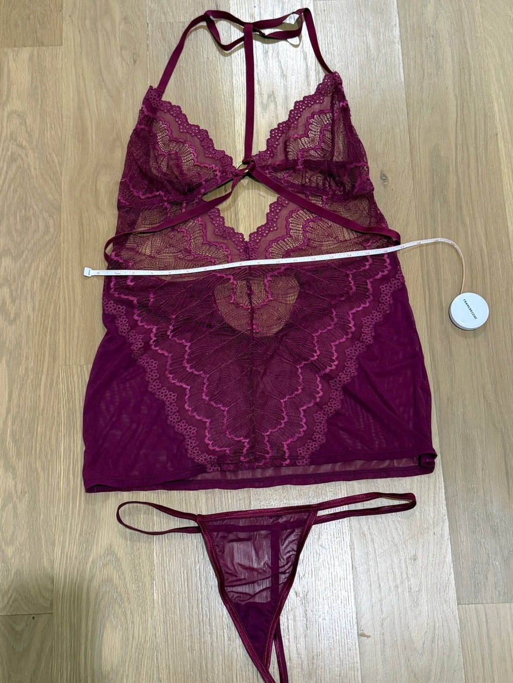 Sheer Lace Chemise & Thong Set - Deep Wine